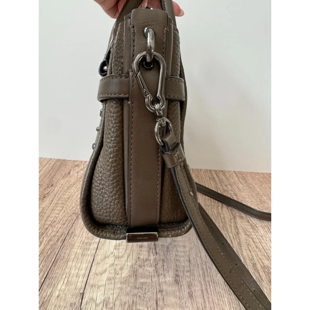 Coach Swagger 27 Studded Pebble Leather Satchel 57696 Olive Taupe Gunmetal